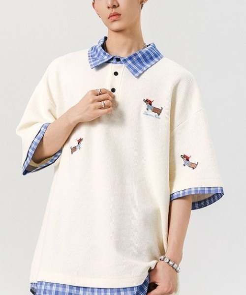 FreeZone tシャツ レイヤード風チェック襟ポロシャツ メンズ