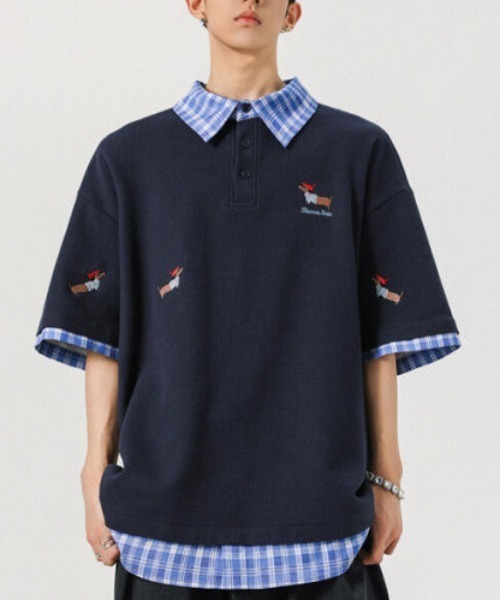 FreeZone tシャツ レイヤード風チェック襟ポロシャツ メンズ