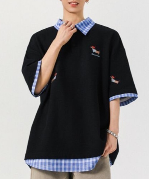 COYSEIO チェック柄ポロシャツ風レイヤードシャツ FreeZone tシャツ レイヤード風チェック襟ポロシャツ メンズ