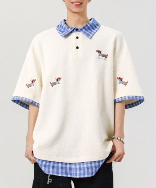 レイヤードポロTシャツ BEIGE FreeZone tシャツ レイヤード風チェック襟ポロシャツ メンズ
