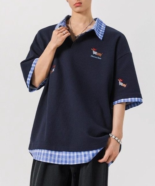 FreeZone tシャツ レイヤード風チェック襟ポロシャツ メンズ