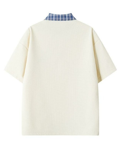 レイヤードポロTシャツ BEIGE FreeZone tシャツ レイヤード風チェック襟ポロシャツ メンズ