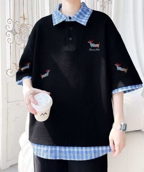 FreeZone tシャツ レイヤード風チェック襟ポロシャツ メンズ