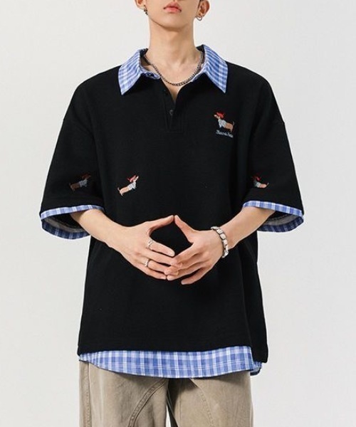 FreeZone tシャツ レイヤード風チェック襟ポロシャツ メンズ