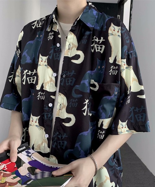 専用ダチョウ柄プリント パンツ、猫柄ワンピース、アニマル柄黒Tシャツ3点セット BENDER TOKYO シャツ 「BENDER TOKYO」猫 ネコ 総柄プリント ドレープ