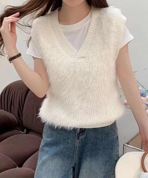 ベスト ジレ 衿ぐり袖リブシャギーニットベスト レディース