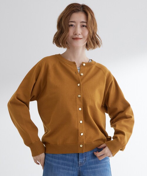 【45R】コットンニットカーディガン ブラウン クルーネック ラグランスリーブ CADBURY（キャドバリー） カーディガン クルーネックラグランニット