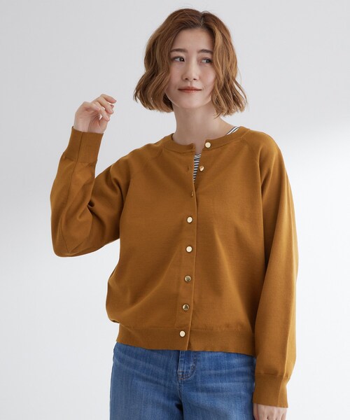 【45R】コットンニットカーディガン ブラウン クルーネック ラグランスリーブ grove（グローブ） カーディガン 「洗える」シンプルに映える