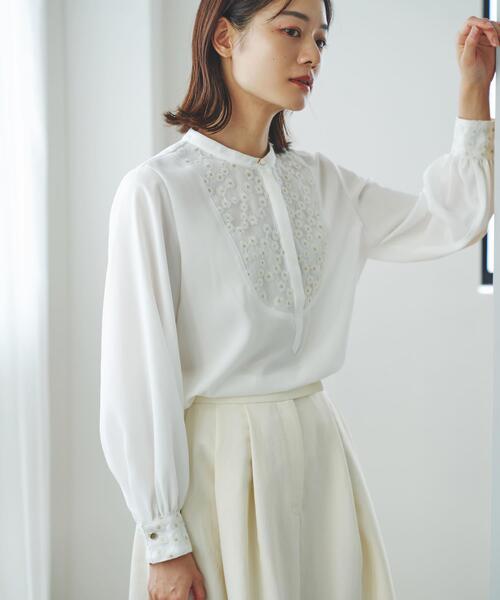 ブラウス シャツ ウォッシャブルフラワー刺繍レースブラウス