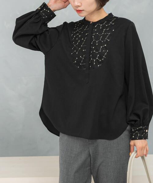 Theory ウォッシャブルブラウス（黒） ブラウス シャツ ウォッシャブルフラワー刺繍レースブラウス