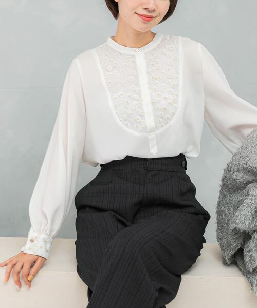 ブラウス シャツ ウォッシャブルフラワー刺繍レースブラウス