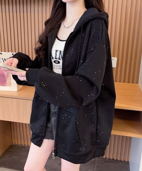 パーカー ラメグリッターオーバーサイズジップフーディー/キラキラ