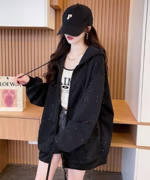 グリッタージップパーカー パーカー ラメグリッターオーバーサイズジップフーディー/キラキラ