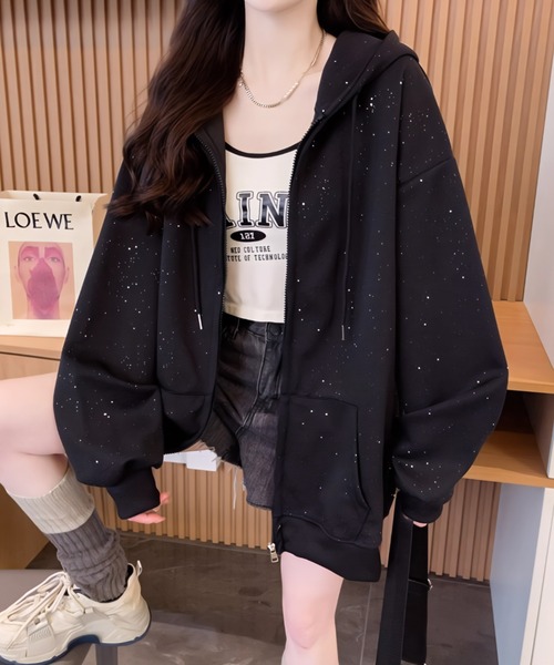 パーカー ラメグリッターオーバーサイズジップフーディー/キラキラ