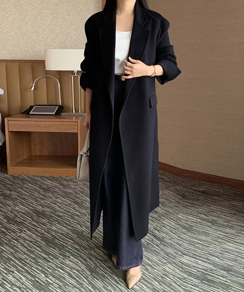 ブラック チェスターコート ベルト付き コート チェスターコート ウエストベルト付きロングコート レディース