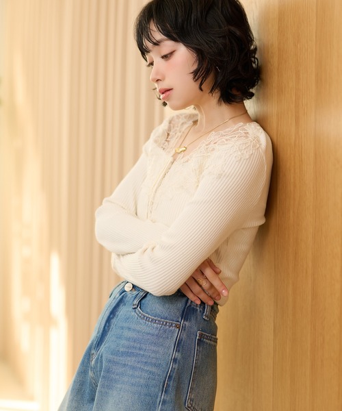 tシャツ henry neck lace rib tops /ヘンリーネックレースリブトップス