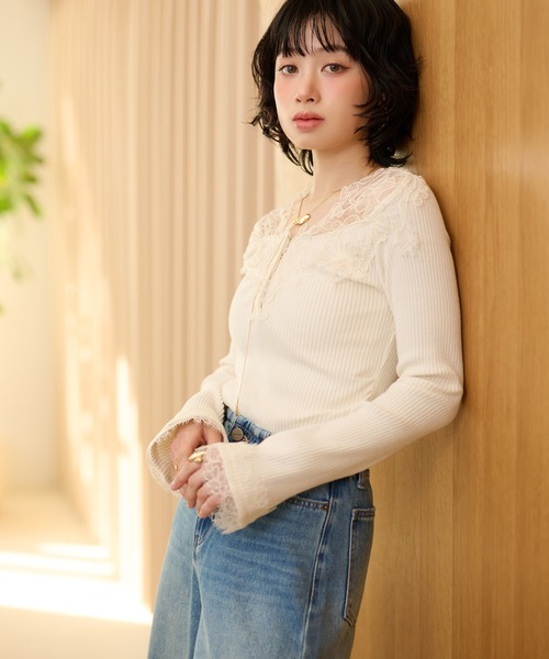 tシャツ henry neck lace rib tops /ヘンリーネックレースリブトップス