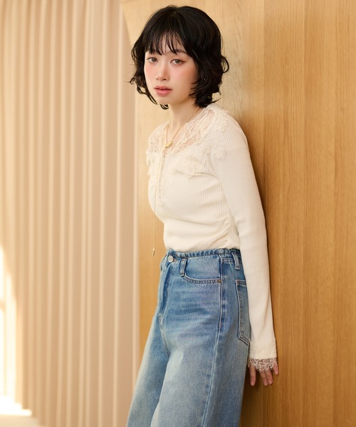 tシャツ henry neck lace rib tops /ヘンリーネックレースリブトップス