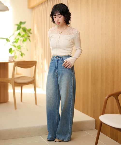 tシャツ henry neck lace rib tops /ヘンリーネックレースリブトップス