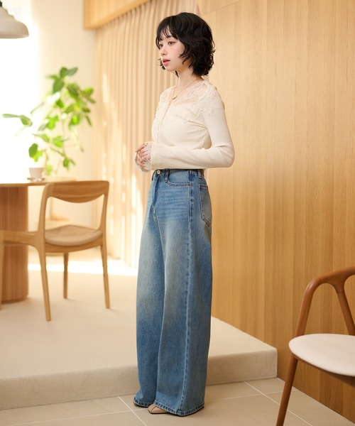 tシャツ henry neck lace rib tops /ヘンリーネックレースリブトップス