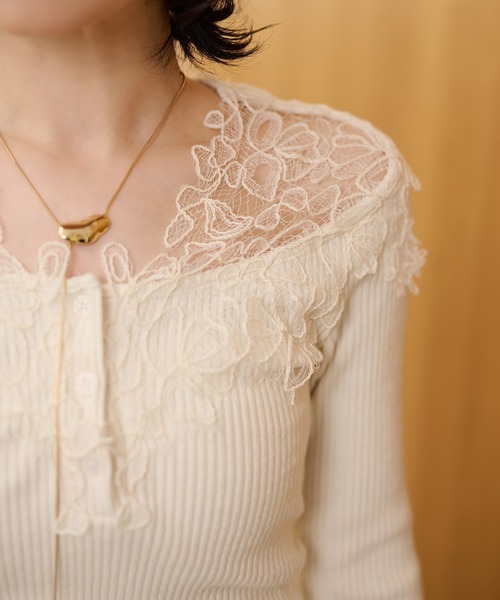 tシャツ henry neck lace rib tops /ヘンリーネックレースリブトップス