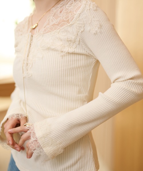 tシャツ henry neck lace rib tops /ヘンリーネックレースリブトップス