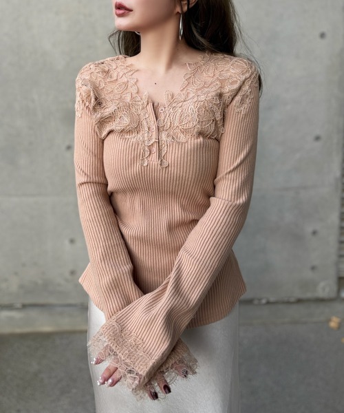 tシャツ henry neck lace rib tops /ヘンリーネックレースリブトップス