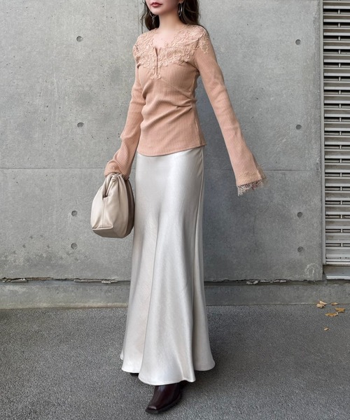 tシャツ henry neck lace rib tops /ヘンリーネックレースリブトップス