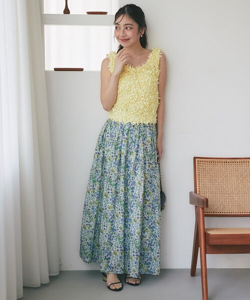 スカート 「今すぐお届け！・春気分」小花プリントギャザーロングスカートの画像