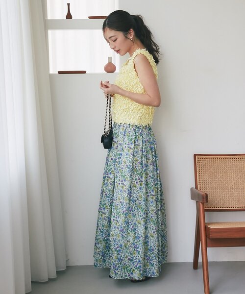 スカート 「今すぐお届け！・春気分」小花プリントギャザーロングスカートの画像