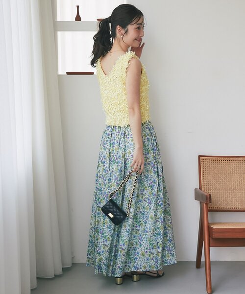 スカート 「今すぐお届け！・春気分」小花プリントギャザーロングスカートの画像