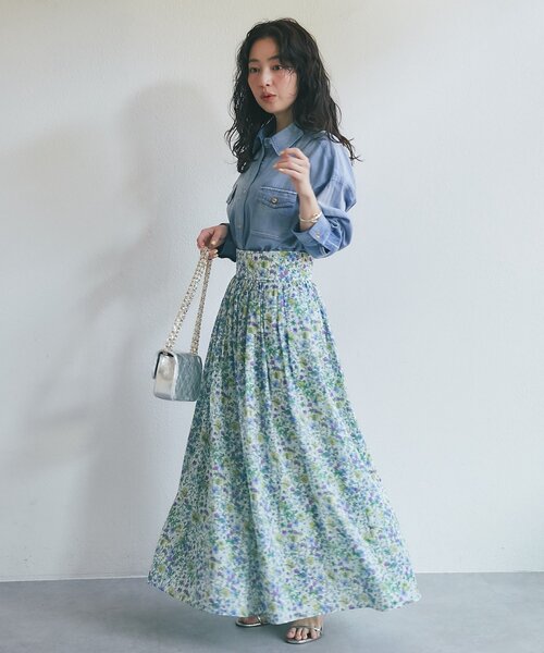 スカート 「今すぐお届け！・春気分」小花プリントギャザーロングスカートの画像