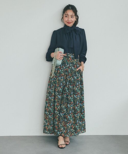 スカート 「今すぐお届け！・春気分」小花プリントギャザーロングスカートの画像
