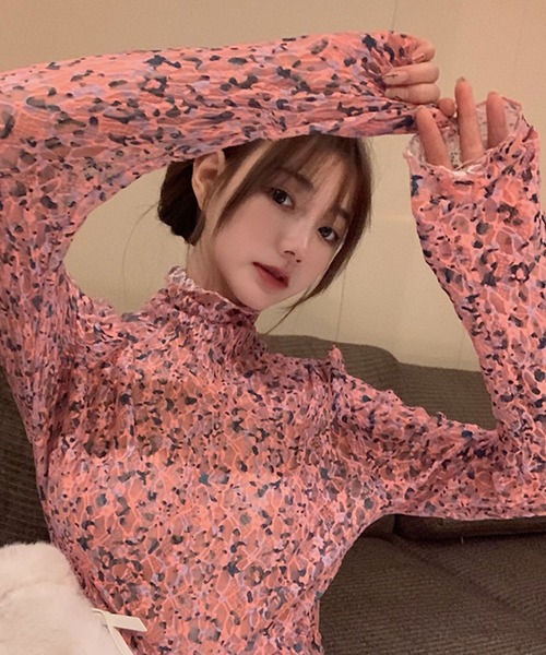 me 花柄 ハイネック長袖トップス ピンク meJane（ミージェーン） tシャツ 小花柄 プチハイネックシアートップス