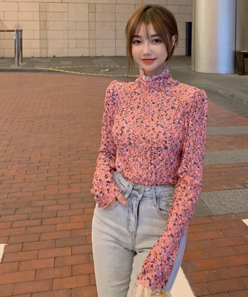 me 花柄 ハイネック長袖トップス ピンク meJane（ミージェーン） tシャツ 小花柄 プチハイネックシアートップス