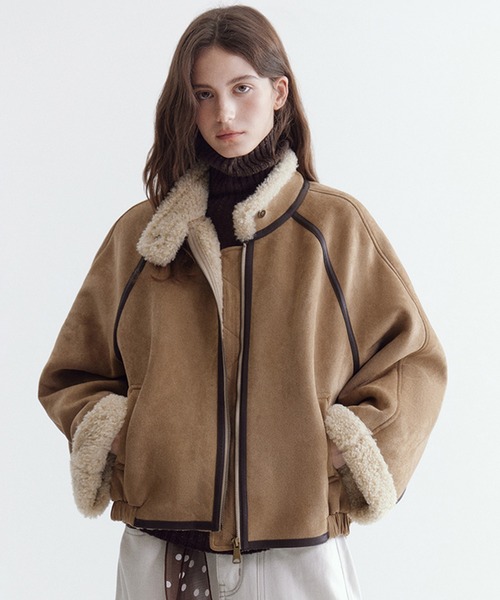 ムートンコート ボアコート レザートリム フェイクスエードブルゾン
