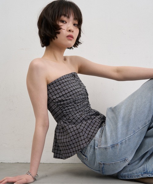 NUJOH チューブトップ ベアトップ Check Tube Top ＆ Hairband Set