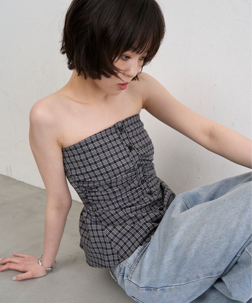 NUJOH チューブトップ ベアトップ Check Tube Top ＆ Hairband Set