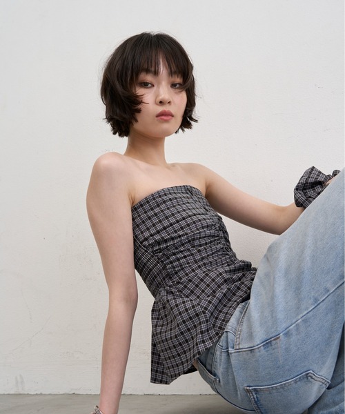 NUJOH チューブトップ ベアトップ Check Tube Top ＆ Hairband Set