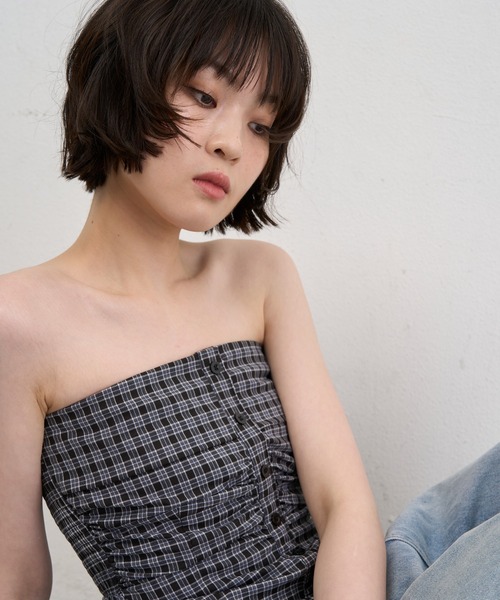 NUJOH チューブトップ ベアトップ Check Tube Top ＆ Hairband Set