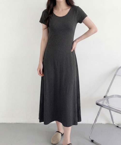 LOWO ワンピース 半袖 カップ付き背中開きバッククロス半袖フレア