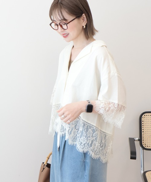 ルネ♡アイボリー レース付き フリルシャツ 半袖 AMERICAN HOLIC（アメリカンホリック） ブラウス シャツ 半袖 レース切