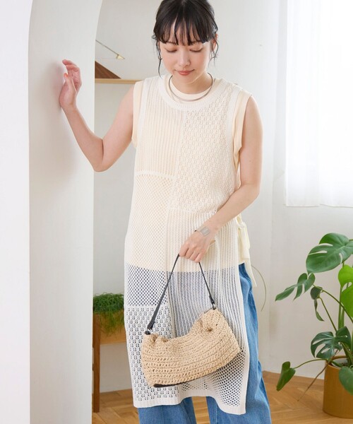 coen（コーエン） ベスト ジレ 夏 パッチワーク風 透かし編みメッシュ
