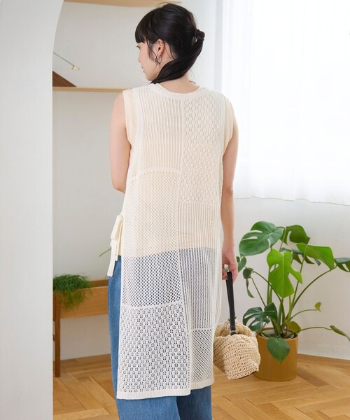 coen（コーエン） ベスト ジレ 夏 パッチワーク風 透かし編みメッシュ