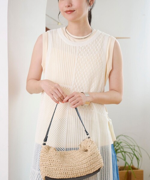 coen（コーエン） ベスト ジレ 夏 パッチワーク風 透かし編みメッシュ