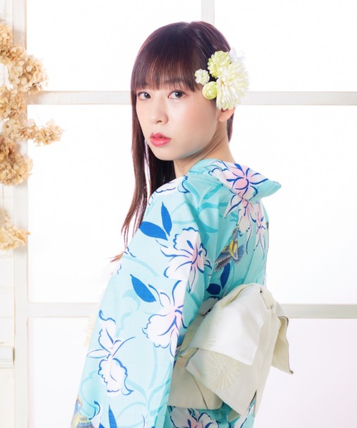 KIMONOMACHI 浴衣 レディース 浴衣 単品 水色 ハチドリと花