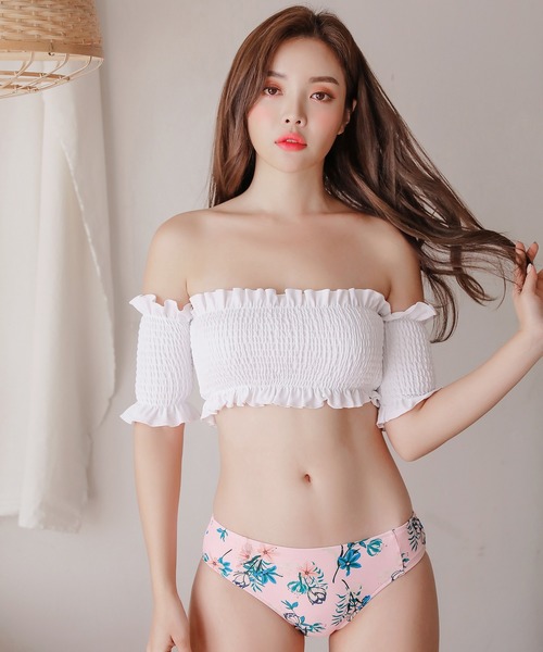 Lace Ladies 水着 シャーリングオフショルビキニ・ボタニカル