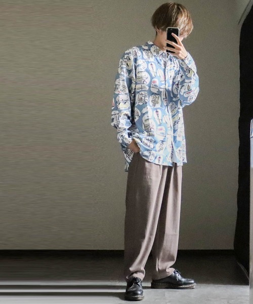 シャツ ポリ総柄プリントドロップショルダーLSシャツ メンズ