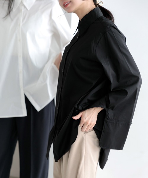よっぴ様♡専用 美シルエットバックボタンブラウス プルオーバー ベルスリーブ 黒 ブラウス シャツ 「ZOZO限定」Muaj.ベルスリーブスリットシャツ