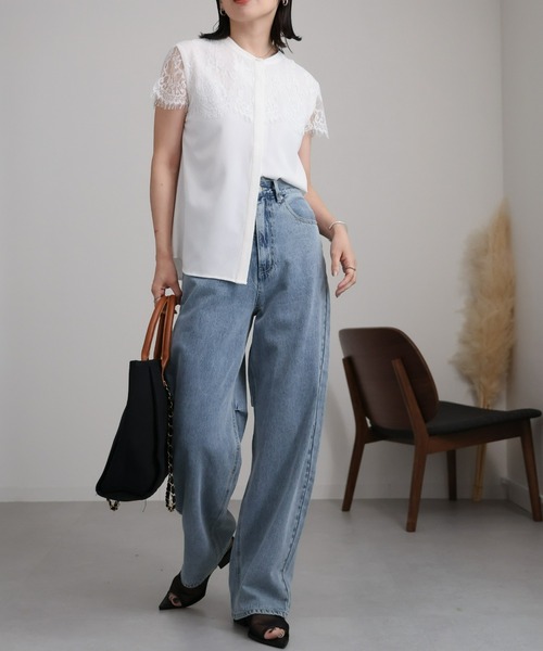 ap retro ブラウス シャツ レースデザインフレンチスリーブ